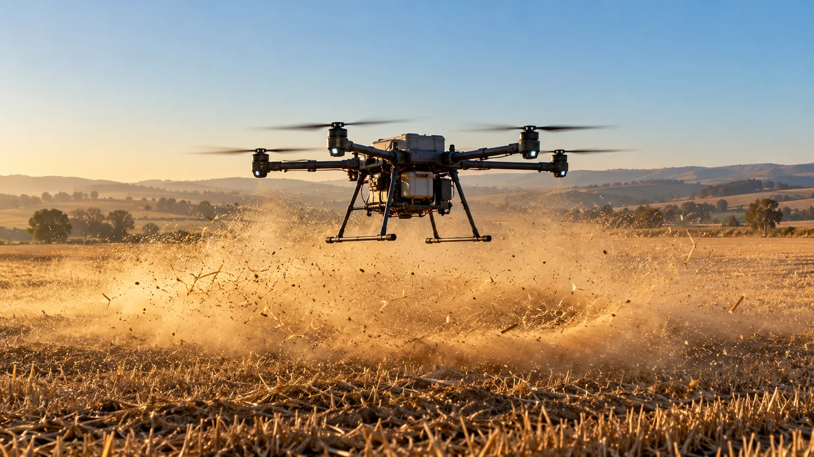Dron w zawisie tuż nad ścierniskiem o świcie, pod światło