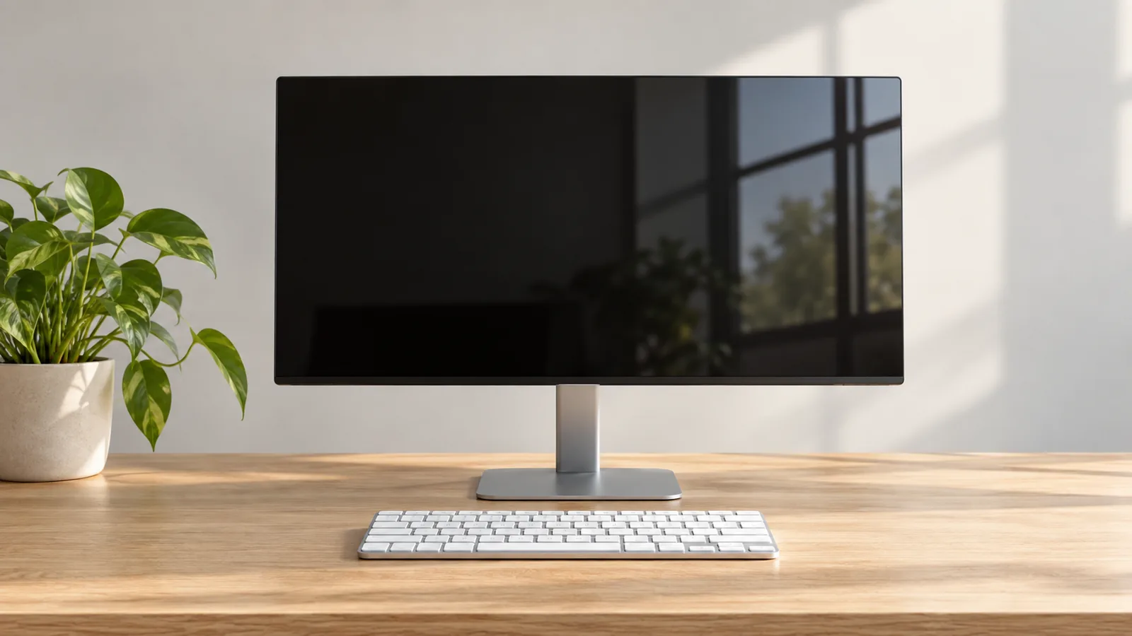 Cienki monitor na aluminiowej nóżce i niskoprofilowa klawiatura na jasnym dębowym blacie, na wprost i symetrycznie